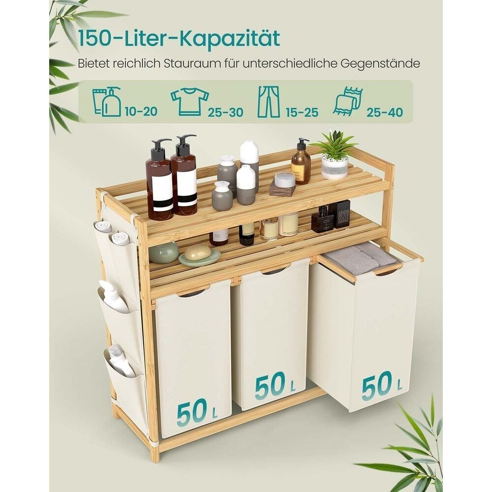 Pastatoma bambukinė lentyna su 3 skalbinių krepšiais, 150 l 3