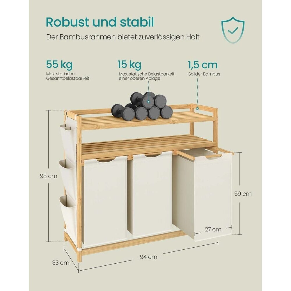 Pastatoma bambukinė lentyna su 3 skalbinių krepšiais, 150 l 6 Pastatoma bambukinė lentyna su 3 skalbinių krepšiais, 150 l 6