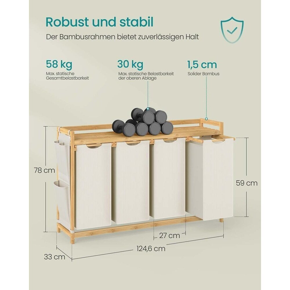 Pastatoma bambukinė lentyna su 4 skalbinių krepšiais, 200 l (Ekspozicinė prekė) 6 Pastatoma bambukinė lentyna su 4 skalbinių krepšiais, 200 l (Ekspozicinė prekė) 6