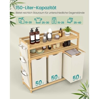 Pastatoma bambukinė lentyna su 3 skalbinių krepšiais, 150 l 3