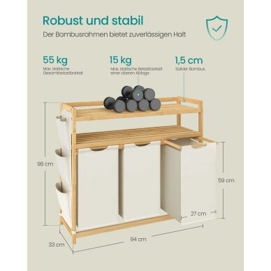 Pastatoma bambukinė lentyna su 3 skalbinių krepšiais, 150 l 6 Pastatoma bambukinė lentyna su 3 skalbinių krepšiais, 150 l 6