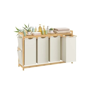 Pastatoma bambukinė lentyna su 4 skalbinių krepšiais, 200 l Pastatoma bambukinė lentyna su 4 skalbinių krepšiais, 200 l