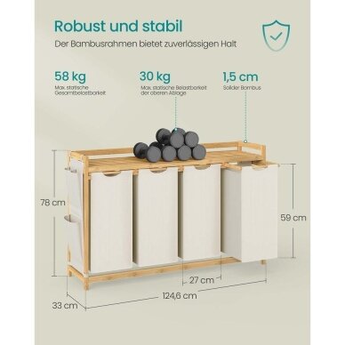 Pastatoma bambukinė lentyna su 4 skalbinių krepšiais, 200 l 6 Pastatoma bambukinė lentyna su 4 skalbinių krepšiais, 200 l 6