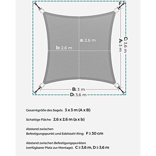 HDPE pilka uždanga nuo saulės, 3 x 3 m 4 HDPE pilka uždanga nuo saulės, 3 x 3 m 4