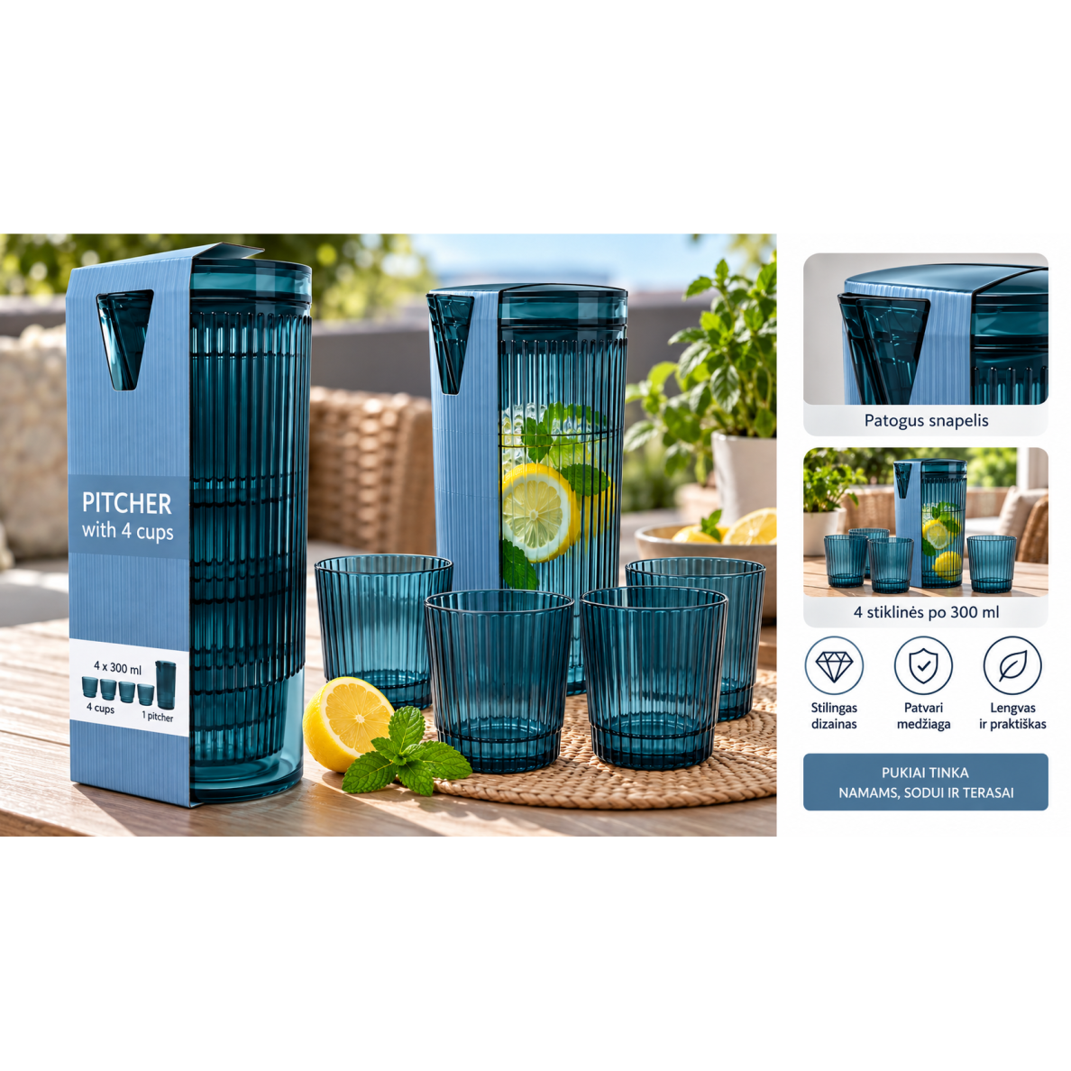 Plastikinis ąsotis su 4 stiklinėmis, 1,1 l 2