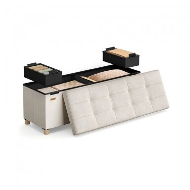 Aksominis pufas su daiktadėžėmis ir medinėmis kojomis