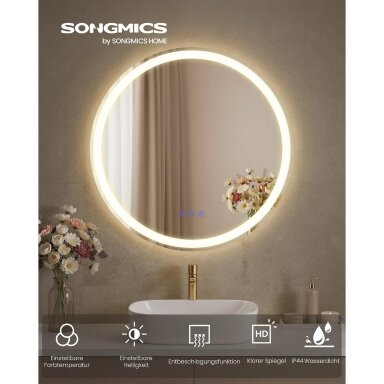 Veidrodis su LED apšvietimu ir nerasojimo funkcija, Ø 61 cm
